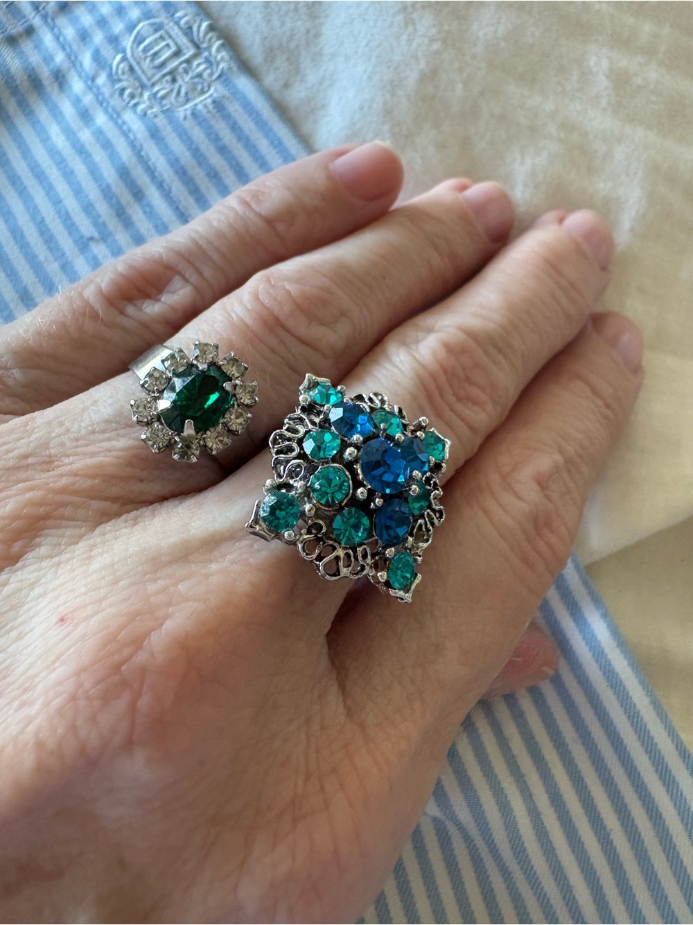 Set of two rings made from vintage clip earrings. Size adjustable.
